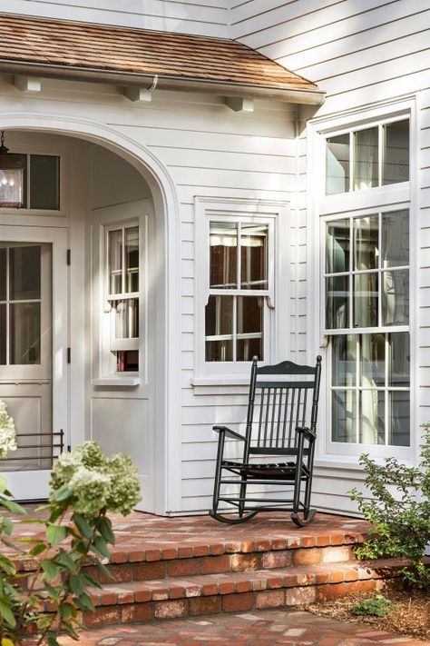 Colonial Home With Shiplap Walls, Patriotic Elements | M. Barnes & Co. | HGTV Southern Colonial, White Porch, Cottage Table, Vintage Porch, Colonial Farmhouse, Building A Porch, Side Porch, Traditional Exterior, House With Porch