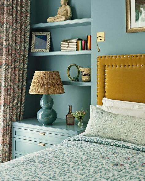 Create warm and inviting spaces, one light at a time. The contrasting block colours of blue and yellow with the addition of pretty prints make this bedroom a bright and fun room for our teal Avebury Table Lamp & Medway Reading Light. 🌙 Design by @cattoandco Photography by @gg_archaud #Vaughan #VaughanDesigns #Interior #Interiordesign Turquoise Bedroom, Wes Anderson Inspired, Farm Bedroom, Bedroom Turquoise, Fun Room, Inspired Bedroom, Reception Room, Stylish Interior, Wes Anderson