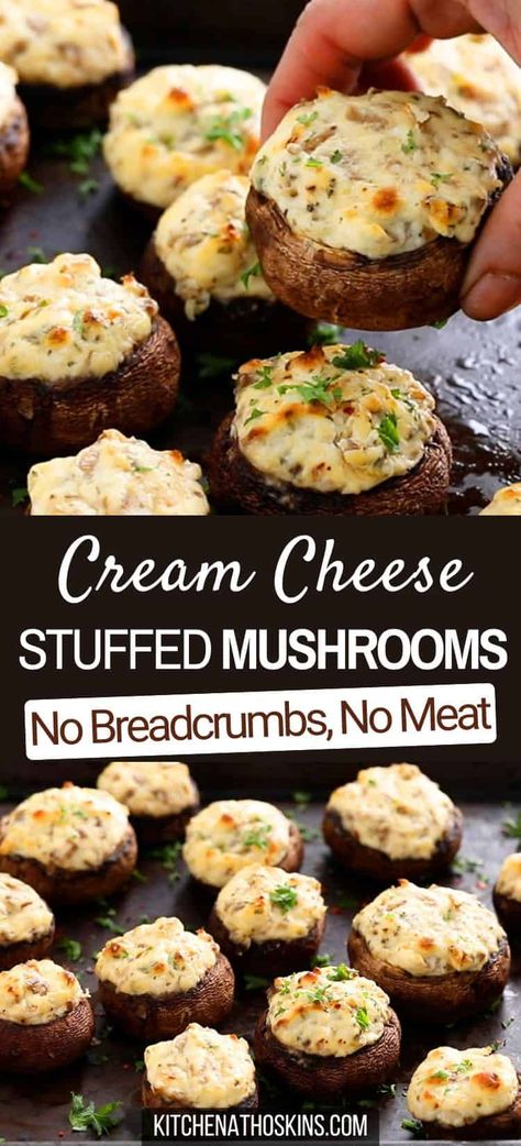 Learn how to make the best stuffed mushrooms with cream cheese that is garlicky, meatless, vegetarian, gluten free and has no meat. Mushroom caps are filled with Philadelphia cream cheese, baked in the oven and served hot to make easy appetizer for a crowd to serve at Thanksgiving or Christmas parties. Get the yummy vegetarian stuffed mushrooms recipe at kitchenathoskins.com. Vegetarian Stuffed Mushrooms, Stuffed Mushrooms With Cream Cheese, Crab And Cream Cheese, Cream Cheese Stuffed Mushrooms, Easy Stuffed Mushrooms, Best Stuffed Mushrooms, Baked Stuffed Mushrooms, Stuffed Mushrooms Vegetarian, Vegetarian Appetizers Easy