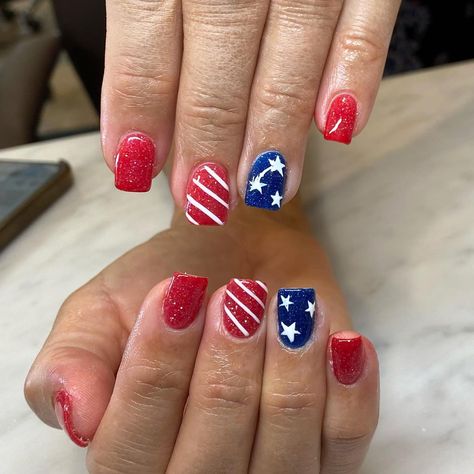 PRICES MAY VARY. 4th of July Press on Nails: Beautiful and cute short square independence day press on nails french false nails comes with has 12 different sizes, you can choose them to be polished to the most suitable size, it fits any finger perfectly. High Quality Material False Nails: These blue red false nails are made of quality acrylic material, non-toxic and gentle to your nails and skin, durable and not easy to be scratched, will give you a nice manicure experience. Cute False Nails: Gl Red Nail Glitter, Nails Patriotic, Glue On Nails Short, Nails Short Square, Red Nails Glitter, Usa Nails, Fourth Of July Nails, Press On Nails Short, 4th Of July Nails