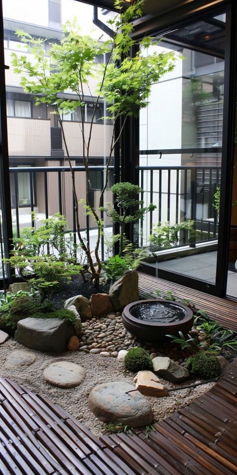 Japanese Balcony Design, Japanese Garden Balcony Ideas, Japandi Landscaping, Japanese Balcony Garden, Backyard Meditation Garden, Jardin Zen Interior, Indoor Japanese Garden, Japanese Balcony, Zen Balcony