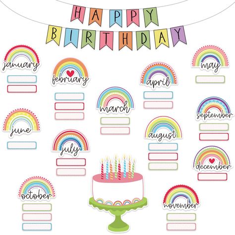 PRICES MAY VARY. You Will Get - 44pcs cutout in 3 designs, 12pcs rainbow cutout, 13pcs letter cutout, 1pcs cake cutout and 18pcs blank cutout, also have 100pcs glue points, sufficient quantity for you to use. Rainbow Design - These cutout set takes rainbow as the theme, use bright and delicate colors, unique and attractive, the HAPPY BIRTHDAY cutout and cake cutout can well add a happy and warm atmosphere, leave a deep impression. Good Quality - Made of thick cardboard with clear printing and fi Rainbow Theme Classroom, Birthday Chart Classroom, Birthday Bulletin Board, Birthday Board Classroom, Birthday Bulletin Boards, Classroom Charts, Birthday Bulletin, Happy Birthday Kids, Classroom Birthday