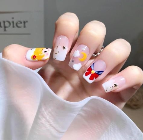 Salior Moon Nail Design, Anime Nail Inspiration, Sailor Moon Nails Simple, Anime Inspired Nail Art, Themed Nails Designs, Sailor Moon Nails Design, Sailor Moon Inspired Nails, Simple Anime Nails, One Piece Nail Art