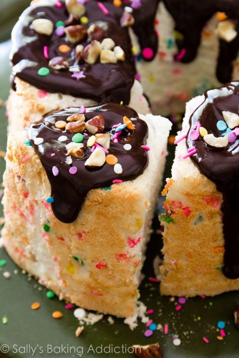 Rainbow sprinkles, crunchy hazelnuts, and smooth chocolate ganache makes this fluffy angel food cake a huge party! Funfetti Party, Funfetti Recipes, Regular Cake, Angel Food Cupcakes, Huge Party, Sallys Baking, Cake Rainbow, Angel Food Cake Pan, Sally's Baking