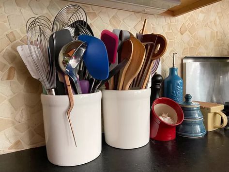 Serious Eats Staff-Favorite Kitchen Utensils Utensil Crock Ideas, Crock Ideas, Celebrity Kitchens, Utensil Holders, Utensil Rack, Balloon Whisk, Bar Spoon, Slotted Spoons, Utensil Crock