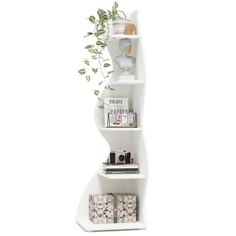 PRICES MAY VARY. Sophisticated Design: The 5-tiered shelving unit's stylish and unique sea-grass inspired design makes it an eye-catching piece of furniture. Its all-white finish fits perfectly with any decor style and adds an elegant touch to your home or office. It's chic and sophisticated, complementing both modern and classic settings with ease. Robust Construction: Crafted from durable high-quality board material, this shelving unit is built to withstand daily wear and tear. Its sturdy cons Corner Wall Bookshelf, Bedroom Small Corner Ideas, Apartment Friendly Shelves, Bedroom Corner Shelves, Corner Room Decor, Shelves Room Decor, Room Decor Shelves, Bedroom Bookshelf Ideas, Shelf For Room