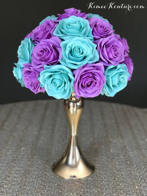 "LAVENDER & TURQUOISE Wedding Centerpiece Floral Arrangement Rose Centerpiece Arrangement. These beautiful roses have a real feel and look to them. Why spend thousands on real roses that are thrown away after your wedding or event? Display these as your wedding centerpiece and keep them to use as home decor or for special events and parties. Enjoy the the look and feel of real roses that do not fade or lose shape over time. 12\" Size pictured DOES NOT INCLUDE STAND GOLD STANDS AVAILABLE: htt Lavender And Turquoise Wedding, Pink Lavender Wedding, Crow Wedding, Lavender Wedding Centerpieces, Royal Blue Centerpieces, Lavender And Turquoise, Sweet 16 Centerpieces, Rose Centerpiece, Purple Wedding Decorations