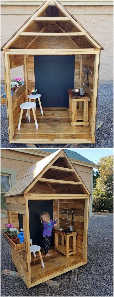 Playhouse Diy, Pallet Kids, Pallet Playhouse, Build A Playhouse, Wooden Pallet Furniture, Woodworking For Kids, Wooden Pallet Projects, Pallet Outdoor, Recycled Pallets