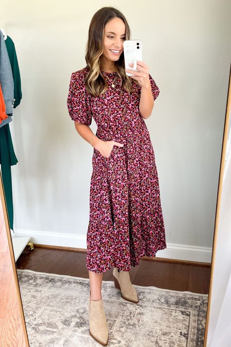 Fall Dresses With Booties, Cute Spring Church Outfits, Spring Church Outfits, Church Outfit Spring, Modest Spring Outfits, Now And Later, Midi Dress Outfit, Petite Midi Dress, Fall Floral Dress