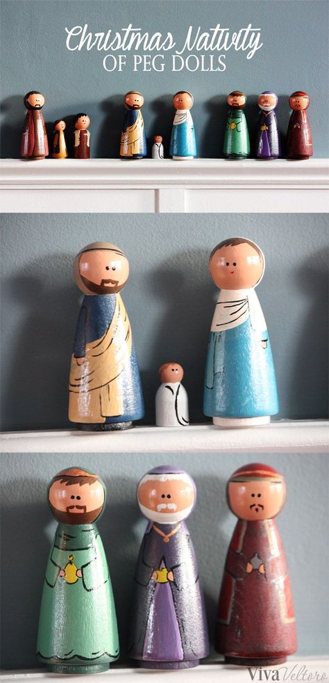 This DIY Peg Doll Christmas Nativity is the cutest in holiday decor and it can be made for $10 or less. It would make an awesome homemade gift too. #Christmas #Nativity Wood Crafts Christmas, Peg Doll Christmas, Merry Christmas Nativity, Nativity Diy, Peg Doll Nativity, Nativity Peg Doll, Easy Holiday Diy, Diy Nativity, Christmas Nativity Set