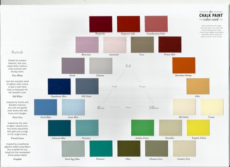 Chalk Paint® Color Card | Knot Too Shabby Furnishings Annie Sloan Colors Chart, Chalk Paint Brands, Annie Sloan Chalk Paint Colors, Best Chalk Paint, Paint Color Swatches, Annie Sloan Colors, Royal Design Studio Stencil, General Finishes Milk Paint, Paint Color Wheel