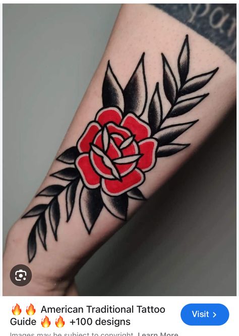 Traditional Red Flower Tattoo, Trad Roses Tattoo, Feminine American Traditional Tattoos Leg, Old School Roses Tattoo, Old School Flowers Tattoo, American Trad Rose, Traditional Tattoos Rose, Pink Traditional Tattoo, Traditional Rose Flash