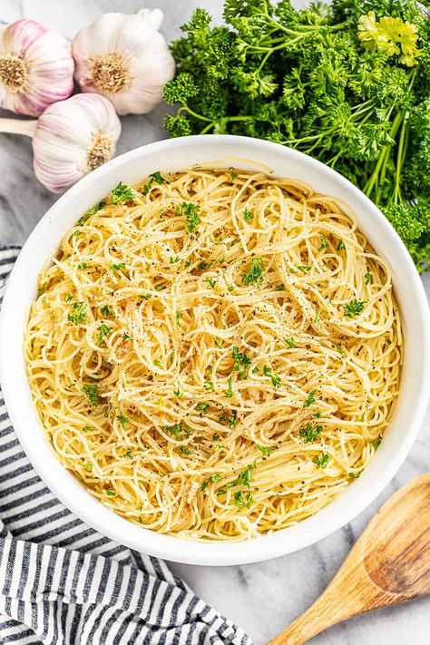 Brown Butter Garlic Angel Hair Pasta Brown Butter Garlic Noodles, Brown Butter Garlic Pasta, Angel Hair Side Dish, Simple Angel Hair Pasta Recipes, Brown Butter Spaghetti, Easy Pasta Side, Garlic Angel Hair Pasta, Pasta Side Dishes Easy, Angel Hair Pasta Recipe