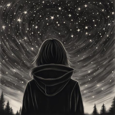 Drawing, of #girl dark #silhouette #facing a #starry #sky #night #sepia #charcoal People Stargazing Drawing, Night Drawing Easy, Starry Sky Drawing, Night Sky Sketch, Night Sky Drawing, Dark Photoshoot, Drawing Of Girl, Dark Silhouette, Silhouette Sketch