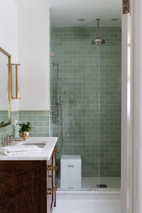 Drømme Bad, Green Tile Bathroom, Green Tiles, Bathroom Installation, Fireclay Tile, Tile Trim, Upstairs Bathrooms, Green Tile, Green Bathroom