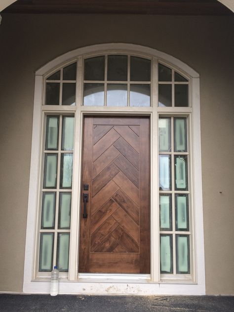 Herringbone Style custom wood door Herringbone Wood Garage Door, Herringbone Wood Door, Herringbone Front Door, Exterior Wooden Doors, Herringbone Door, Modern Exterior Door, Furniture Kitchen Cabinets, Custom Exterior Doors, Outdoor Improvements