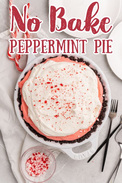 No Bake Peppermint Pie – The perfect easy no bake pie recipe that takes just minutes to make! Oreo crust filled with a creamy peppermint filling and topped with whipped topping and crushed candy canes, this pie tastes like the holidays! No Bake Pie Recipe | No Bake Christmas Desserts | Peppermint Pie Recipe | Christmas Pie #pie #peppermint #chocolate #christmas Peppermint Chocolate Pie, No Bake Peppermint Pie, Peppermint Pie No Bake, No Bake Pies Recipes, Easy No Bake Pies, No Bake Pie Recipes, Hot Chocolate Pie, Peppermint Pie Recipe, Peppermint Pie