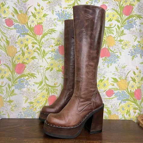 90s Brown Platform Boots, Tall Leather Heel Boots, Vintage Destroy Boots, Tall Boots For Women, 70s Brown Boots, Destroy Boots Vintage, Brown Gogo Boots, Platform Brown Boots, Vintage Platform Boots