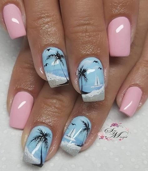 Cabo Nails, Beach Gel Nails, Beach Nail Art Designs, Ocean Nail Art, Cruise Nails, Beach Nail Art, Palm Tree Nails, Beach Nail Designs, Beach Nail