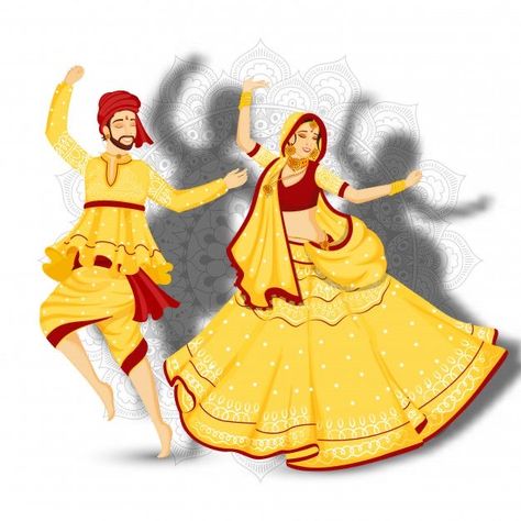 Navratri Illustration, Mehendi Invite, Garba Aesthetic, Navratri Banner, Dandiya Night, Navratri Rangoli, Cartoon Wedding Invitations, Rajasthani Art, Dancing Drawings