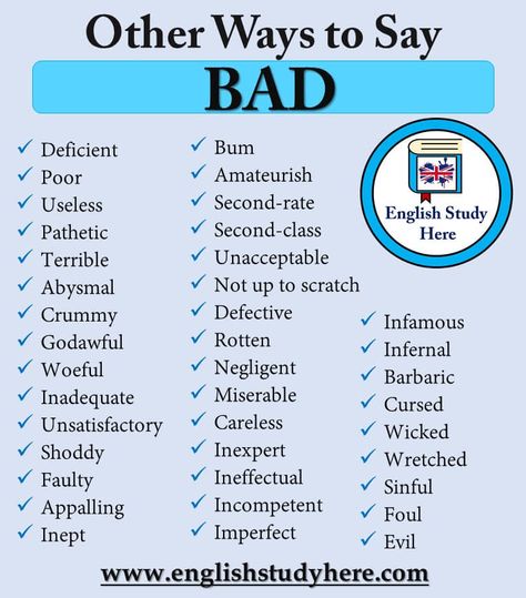 Other Ways to Say BAD in English - English Study Here Evil Synonyms, Cursing Words In English, English Bad Words, Synonyms For Evil, Bad Synonyms, English Curse Words, Bad Words In English, Words For Bad, English Synonyms