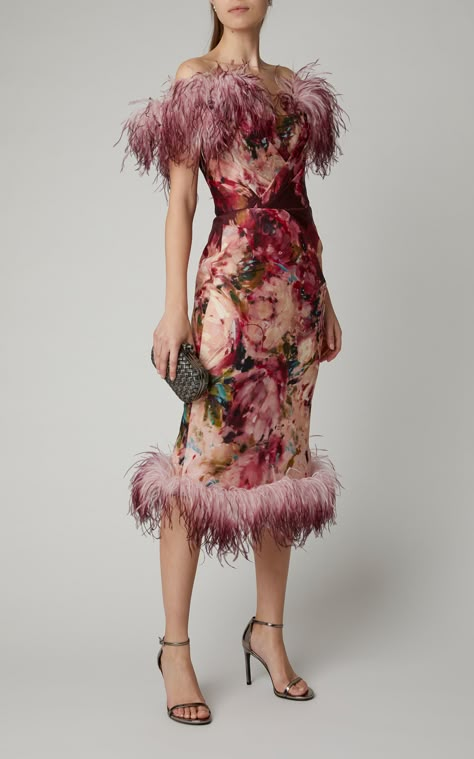 Feather-Trimmed Floral-Print Silk Dress by MARCHESA Now Available on Moda Operandi Silk And Feather Dress, Printed Silk Dress, Dress With Feathers, Feather Trim Dress, Strapless Evening Dress, Tube Top Dress, Naeem Khan, Atelier Versace, Silk Print Dress