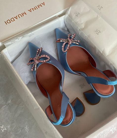 Amina Muaddi Blue Heels, Muaddi Shoes, Amina Muaddi Heels, Amina Muaddi Shoes, Fancy Heels, Shoes Heels Classy, Shoes World, Classic Heels, Hype Shoes