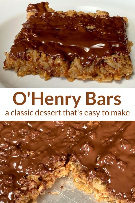 collage of O'Henry bars with text Old Henry Bars, O'henry Bars Recipe, O Henry Bars Recipes, O'henry Bars, Oh Henry Bars Recipe, O Henry Bars, Oh Henry Bars, Cornflake Recipes, Famous Desserts