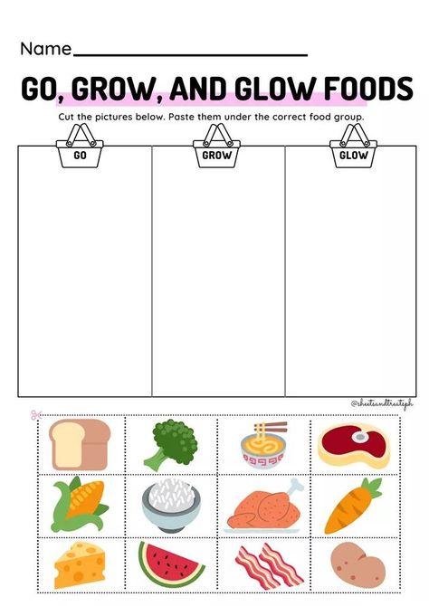 #cut and paste Go Grow Glow Foods Chart For Kids, Go Grow And Glow Foods Worksheet, Go Grow Glow Foods, Food Chart For Kids, Glow Foods, Simple Food Chain, Go Foods, Grow Foods, Sped Activities