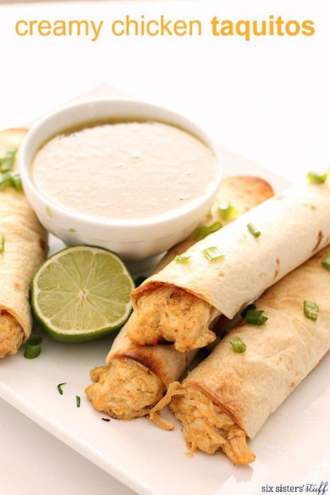 Baked Creamy Chicken, Taquitos Baked, Creamy Chicken Taquitos, Chicken Taquitos Recipe, 6 Sisters, Beef Taquitos, Mexican Spice, Creamy Cilantro Dressing, Fiesta Recipes