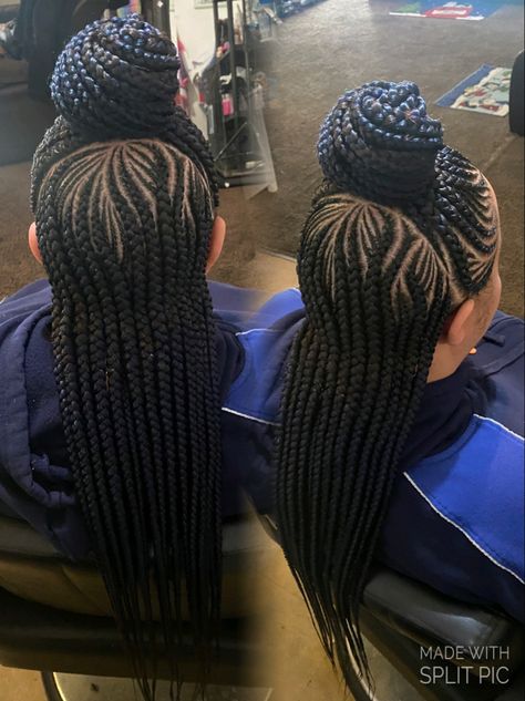 Cornrow Braid Half Up Half Down, Half Up Half Down Cornrows Black Women, Half Up Half Down Cornrows Braids, 2023 Braids For Black Women, Cornrow Buns, Scalp Braids With Weave, Two Layer Feed In Braids, Summer Cornrows, Nice Braids