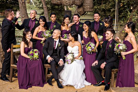 Plum Black And White Wedding, Purple Bridal Party Groomsmen, Black And Eggplant Wedding, Purple Wedding Bridal Party, Purple And Gold Wedding Party, Plum Groomsmen Attire, Plum Bridal Party, Purple Bridesmaid And Groomsmen, Purple Wedding Party Attire