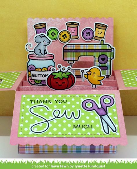 A Sewn with Love Pop-up Card by Lynette - Lawn Fawn Tarjetas Pop Up, Paper Crafts Magazine, Lawn Fawn Blog, Sewing Cards, Lawn Fawn Stamps, Pop Up Box Cards, Lawn Fawn Cards, Design Card, Box Card