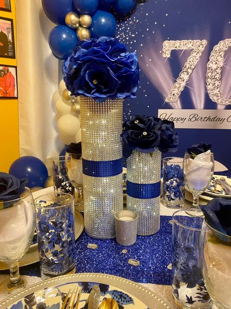 Black Royal Blue And Silver Party, Royal Blue 70th Birthday Party Ideas, Blue And Gold Centerpieces, Blue Party Themes, Diamonds And Denim Party, Gold Table Decorations, 40th Party Ideas, 70s Party Theme, Combined Birthday Parties