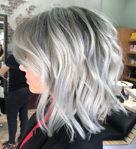 Modern Disheveled Silver Lob Grey Lob Haircut Shoulder Length, Silver Lob Haircut, Cute Bob Haircuts, Medium Short Haircuts, Angled Bob Haircuts, Long Bobs, Aveda Hair, Ash Hair, Stacked Bob Haircut