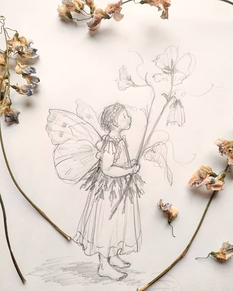 Sweet Pea Fairy, Cute Fairytale Drawings, Watercolor Faeries, Gretchen Ellen Powers, Fairy Drawings Aesthetic, Cottage Core Sketch, Fairytale Sketches, Sweet Pea Illustration, Meadow Sketch