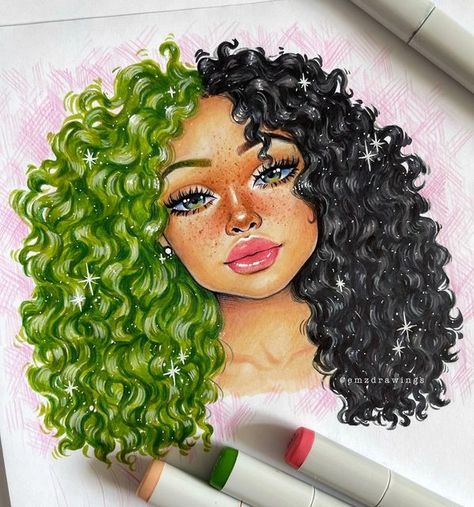 Emilia ✦ ∘ ⋆｡˚. on Instagram: "💚🖤🤩   ⠀⠀⠀⠀⠀⠀⠀⠀⠀⠀⠀ #markerdrawing #copicart #copicartist" Colored Pencil And Marker Art, Drawings With Colour, Coloured Sketches, Mother Earth Drawing, Earth Drawings, Fall Artwork, Female Face Drawing, Copic Marker Art, Copic Art