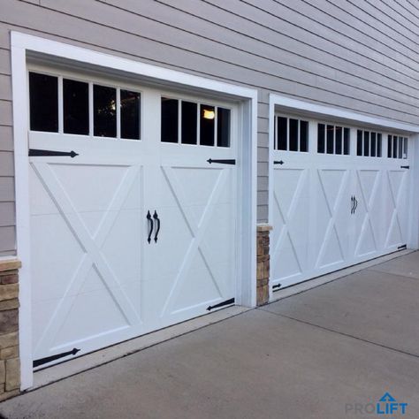 Exterior Garage Door, Sanford Nc, Garage Door Handles, White Garage Doors, Carriage Style Garage Doors, Faux Wood Garage Door, Carriage House Garage Doors, Garage Door House, Carriage House Doors