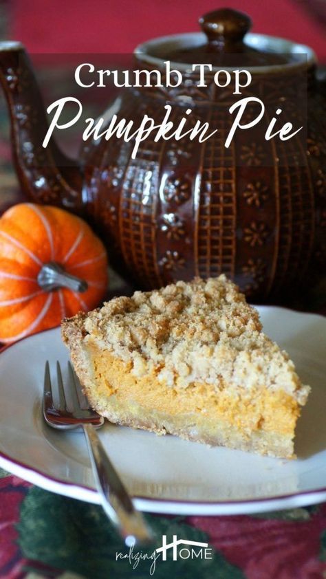 crumb topped pumpkin pie slice beside a small pumpkin and a brown tea kettle Pumpkin Pie With Oatmeal Crust, Oatmeal Crust, Traditional Pumpkin Pie, Pumpkin Pie Dip, Pumpkin Creme Brulee, Halloween Appetizers Easy, Pumpkin Pie Ice Cream, Crustless Pumpkin Pie, Pumpkin Mousse