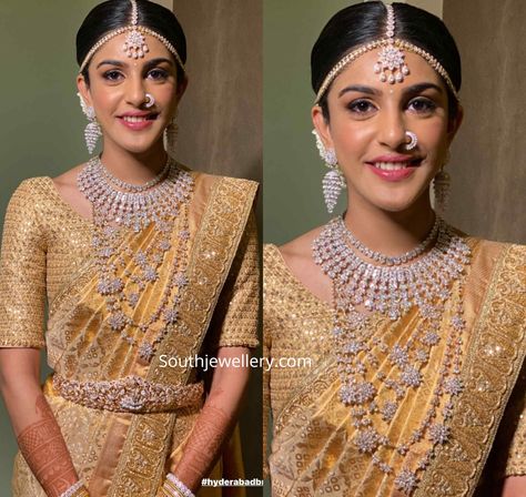 South Indian Bride in elegant wedding jewellery.  She adorned a diamond necklace, layered diamond haram, jhumkas, nose ring , matha patti and Lakshmi diamond vaddanam. South Indian Bride Jewellery, Diamond Vaddanam, Diamond Jewellery Set, Diamond Haram, Indian Brides Jewelry, Elegant Wedding Jewelry, South Indian Bride Saree, South Indian Bridal Jewellery, Reception Saree