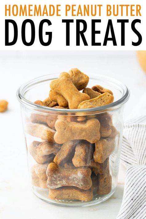 These homemade peanut butter dog treats are so easy and you only need four ingredients. Pups will love the peanut butter flavor! Homemade Peanut Butter Dog Treats Recipe, Making Dog Treats, Dog Treats Homemade Peanut Butter, Homemade Peanut Butter Dog Treats, Homemade Dog Treat Recipes, Peanut Butter For Dogs, Dog Treats Homemade Easy, Easy Dog Treat Recipes, Easy Dog Treats