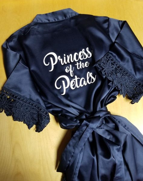 Beautiful Satin Lace robes with colors and sizes to choose from. Navy Quince, Acotar Wedding, Petal Patrol, Personalized Robes, Wedding Vow Renewal Ceremony, Navy Blue And Gold Wedding, Cobalt Wedding, Flower Girl Robes, Flower Girl Petals