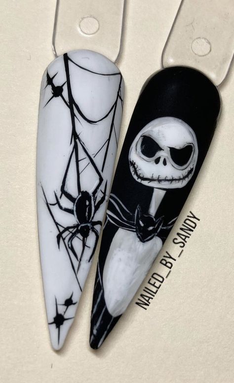 Halloween Nails Art Designs, Jack Skellington Nail Art, Jack The Skeleton Nails, Halloween Nails Nightmare Before, Wednesday Addams Nail Art, Nightmare Before Christmas Nails Designs, The Nightmare Before Christmas Nails, Tim Burton Nails, Corpse Bride Nails