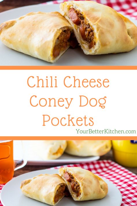 These Chili Cheese Coney Dog Pockets are a fun spin on an old Midwest classic. They are cheap, easy to make, taste great, and will please the whole crowd. This recipe is also a fun appetizer or party food or snack. Click here now to get the full recipe. #coneydog #chilidog #hotdog #appetizers #funfood #partyfood Field Meals, Coney Dog, Chili Cheese Dogs, Cheese Dog, Cooking Measurements, Deli Sandwiches, Chicken Appetizers, Chili Dogs, Chili Cheese