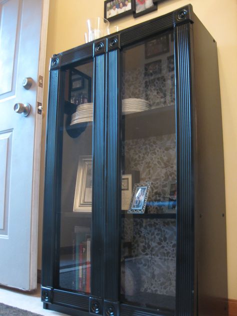 The Hand Me Down House: Dressing Up a Boring Shelf.  How to add glass doors. Cheap Bookcase, Bookshelf Makeover, Corner Bookshelf, Diy Furniture Redo, Bookshelves Diy, Tile Shower, Dressing Up, Furniture Makeover Diy, Diy Shelves