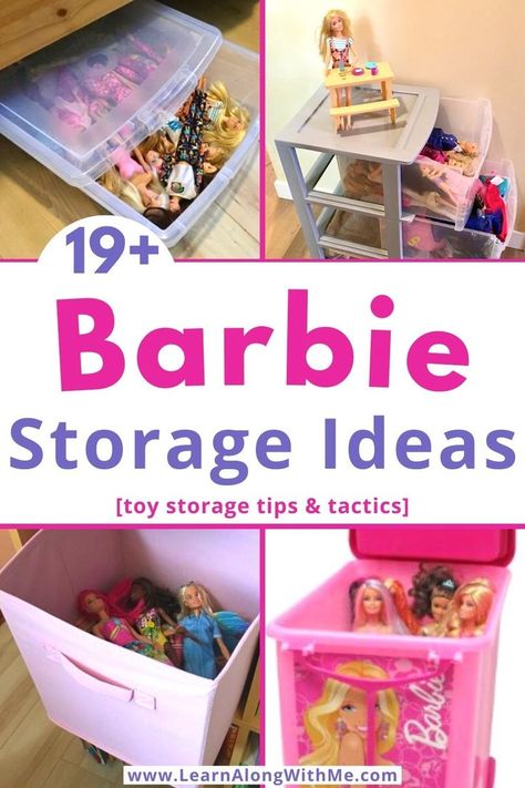 Barbie stuff everywhere? These Barbie storage ideas will help you get your child's Barbie dolls, cars, accessories and other stuff nicely organized and stored.

Some of them are dedicated Barbie storage products (like a Roll away cart) and others are storage bins and baskets that you may already have around your house.

If you need some toy storage ideas and inspiration...check it out.


#barbiestorageideas  #barbieorganizationideas  #barbiestorage  #toystorage  #toystorageideas  #dollstorage Storage Ideas For Barbie Dolls, Toy Organization For Bedroom, How To Storage Barbies, Barbie Doll Clothes Storage Ideas, Barbie Wall Storage Ideas, Storage For Barbie Accessories, Organize Barbies Storage Ideas, Barbie Furniture Storage Ideas, Barbie Doll Accessories Storage Ideas