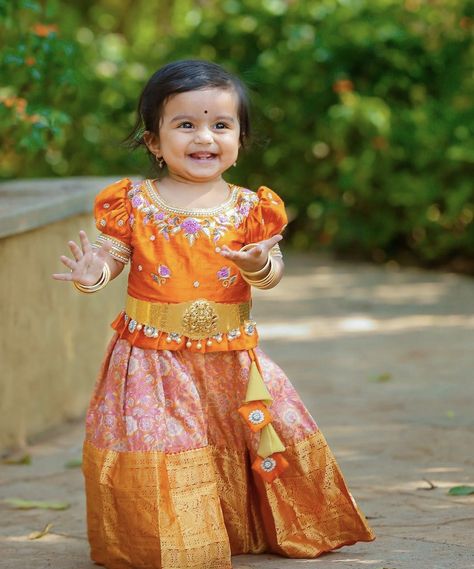 Orange pattu lehenga Orange Pattu Lehenga, Baby Vaddanam Designs Gold, Pattu Lehenga For Kids, Langa Blouse For Kids, Bubu Dresses, Traditional Baby Dresses, Pattu Lehenga, Pattu Pavadai Designs, Pattu Pavada