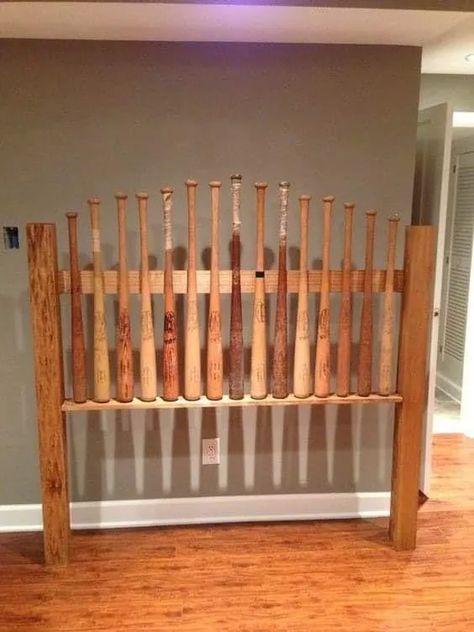 62 Amazing and Cool Headboard Ideas | Decor Home Ideas Baseball Bat Headboard, Baseball Bedroom, Baseball Room, Bar Outdoor, Baseball Decor, Baseball Bats, Sports Room, Boy Bedroom, Big Boy Room