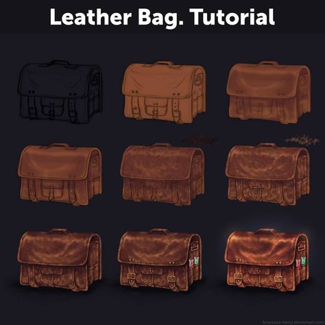 Leather Bag. Tutorial by https://www.deviantart.com/anastasia-berry on @DeviantArt Leather Bag Tutorial, Draw Tutorial, Leather Tutorial, Concept Art Tutorial, Digital Painting Techniques, Texture Drawing, Hand Painted Textures, Bag Tutorial, Coloring Tutorial