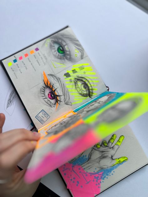 Sketching With Highlighters, Sketch Book Astethic, Sketchbook Art Inspiration Colorful, Mixed Media Sketchbook Ideas, Drawing With Highlighter, Highlighter Art Drawing, Highlighter Sketch, Colored Pencil Sketchbook, Sketches Markers